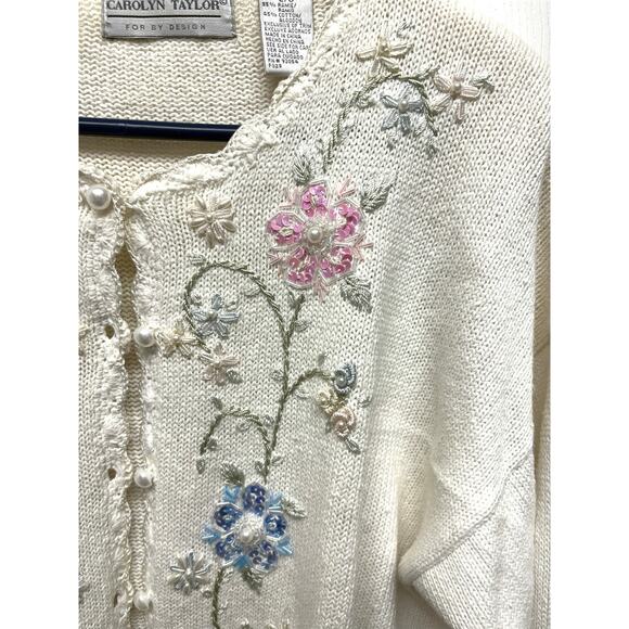 Vintage Sweater Floral Embroidered Beaded Sequin Cardigan Carolyn Taylor Size L - Picture 2 of 6